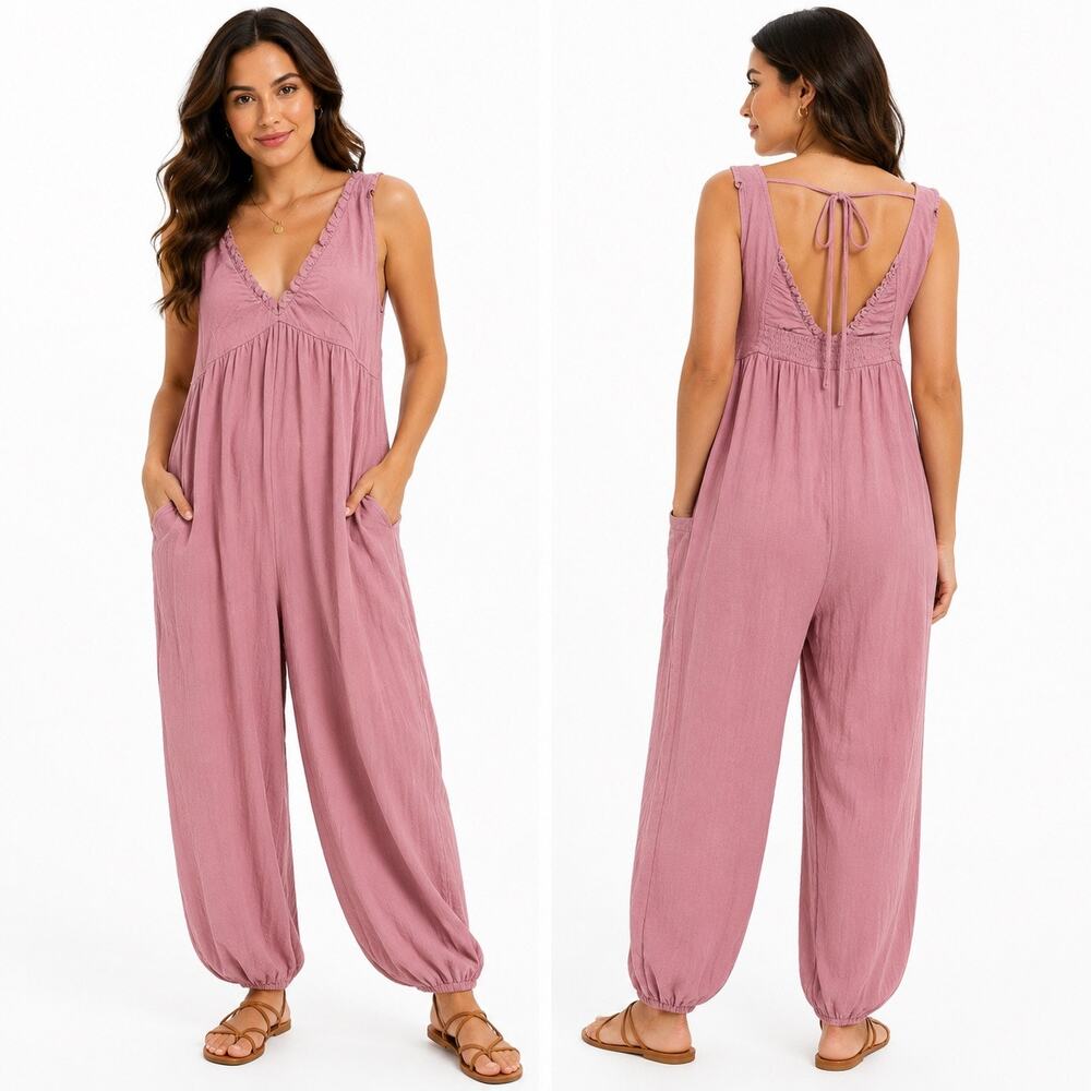 CUPSHE Women’s Pink Mauve Boho Jumpsuit XL NWT Sleeveless Ruffle V-Neck Pockets
